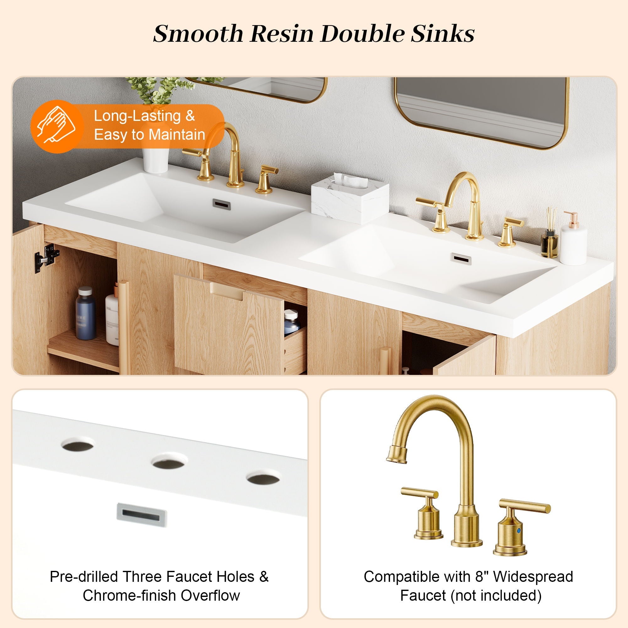 Double Sink Bathroom Vanity With Sinks, Soft Close Doors & 3 Drawers - Wood by HouseOfZazla