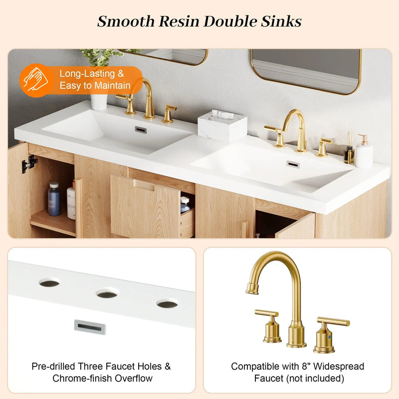 Double Sink Bathroom Vanity With Sinks, Soft Close Doors & 3 Drawers - Wood by HouseOfZazla
