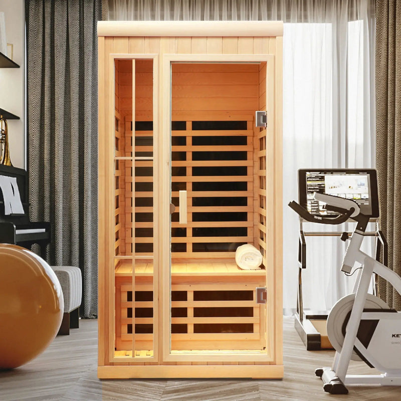 Deluxe Version Plus 1 Person Far Infrared Hemlock Sauna Room With LED Colour Lights - Natural by HouseOfZazla