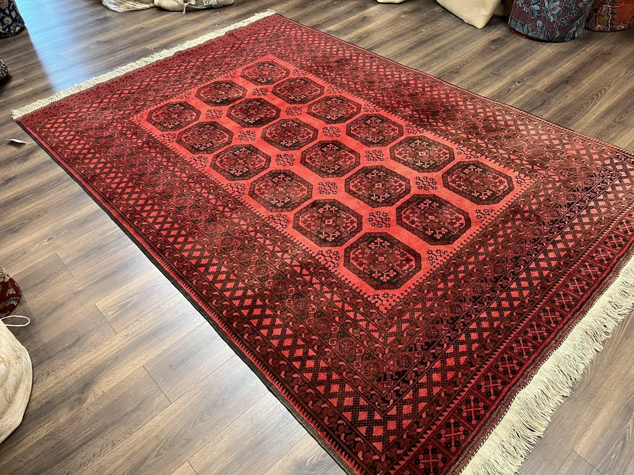 Afghan Turkoman Rug 7x10, Vintage Yamud Beshir Bokhara Carpet, Red and Black Bukhara Hand-Knotted Oriental Wool Handmade Rug, Elephant Foot by Jewel Rugs