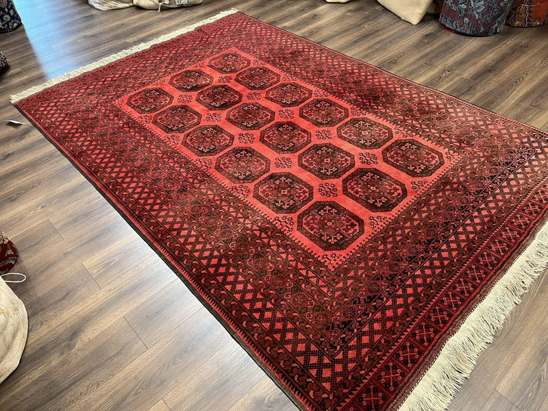 Afghan Turkoman Rug 7x10, Vintage Yamud Beshir Bokhara Carpet, Red and Black Bukhara Hand-Knotted Oriental Wool Handmade Rug, Elephant Foot by Jewel Rugs