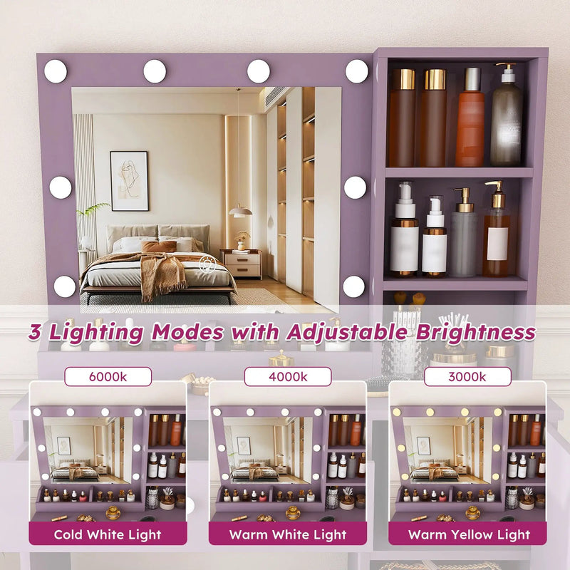 Stylish Vanity Desk Set with Padded Stool & Adjustable Lighted Mirror by HouseOfZazla