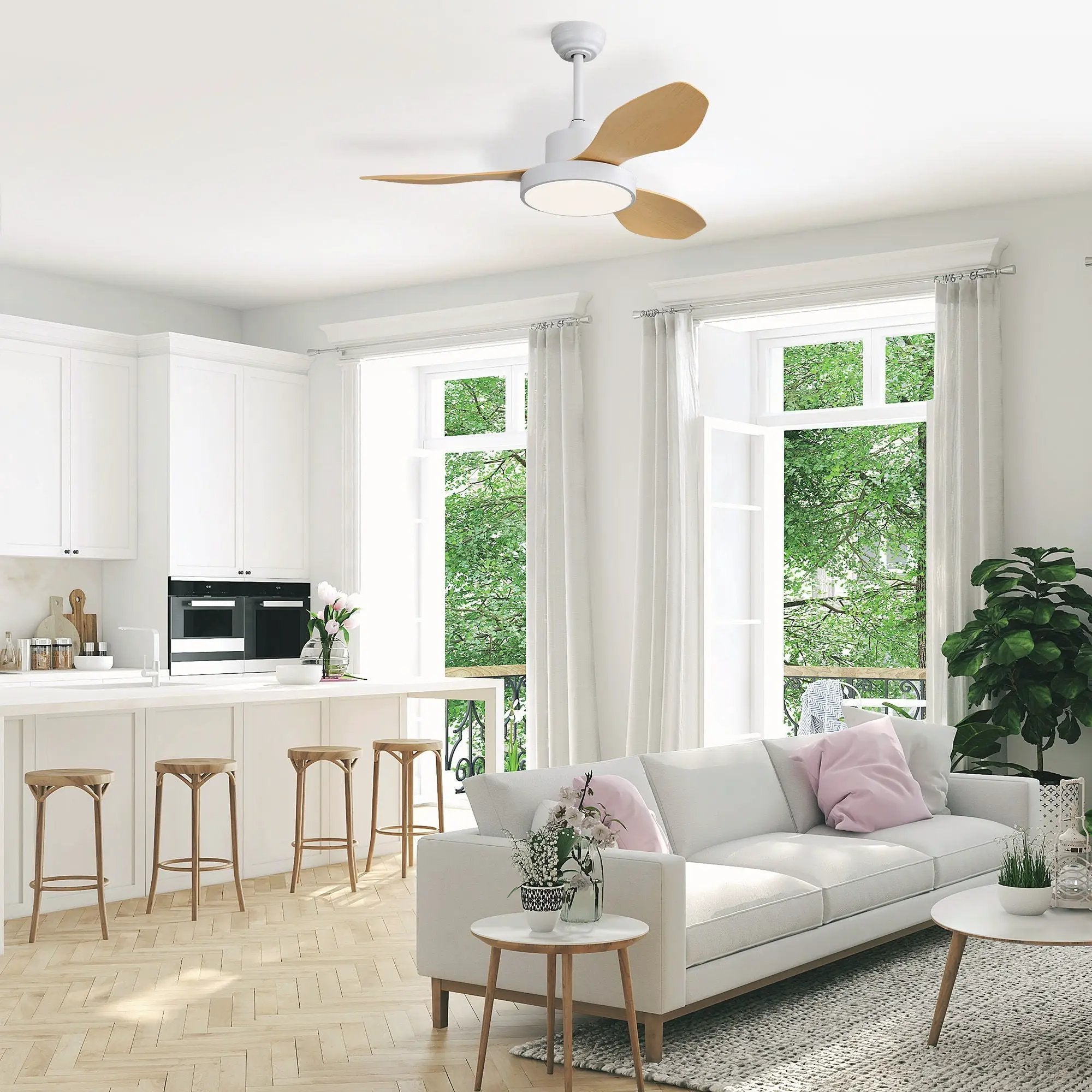 Ceiling Fan With 22W LED Light And Remote Control 6 Speeds Reversible DC Motor For Living Room - White by HouseOfZazla