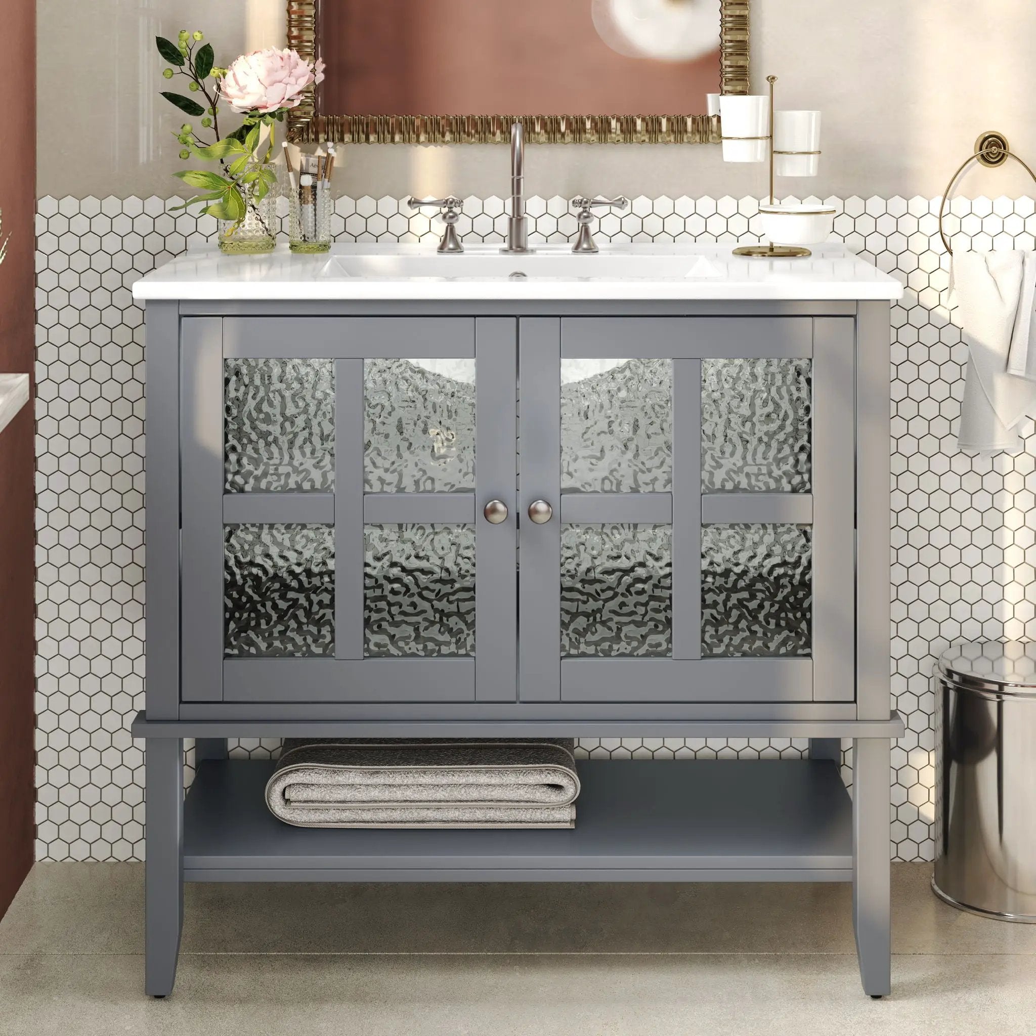 Bathroom Vanity With Ceramic Sink, Adjustable & Open Shelf by HouseOfZazla