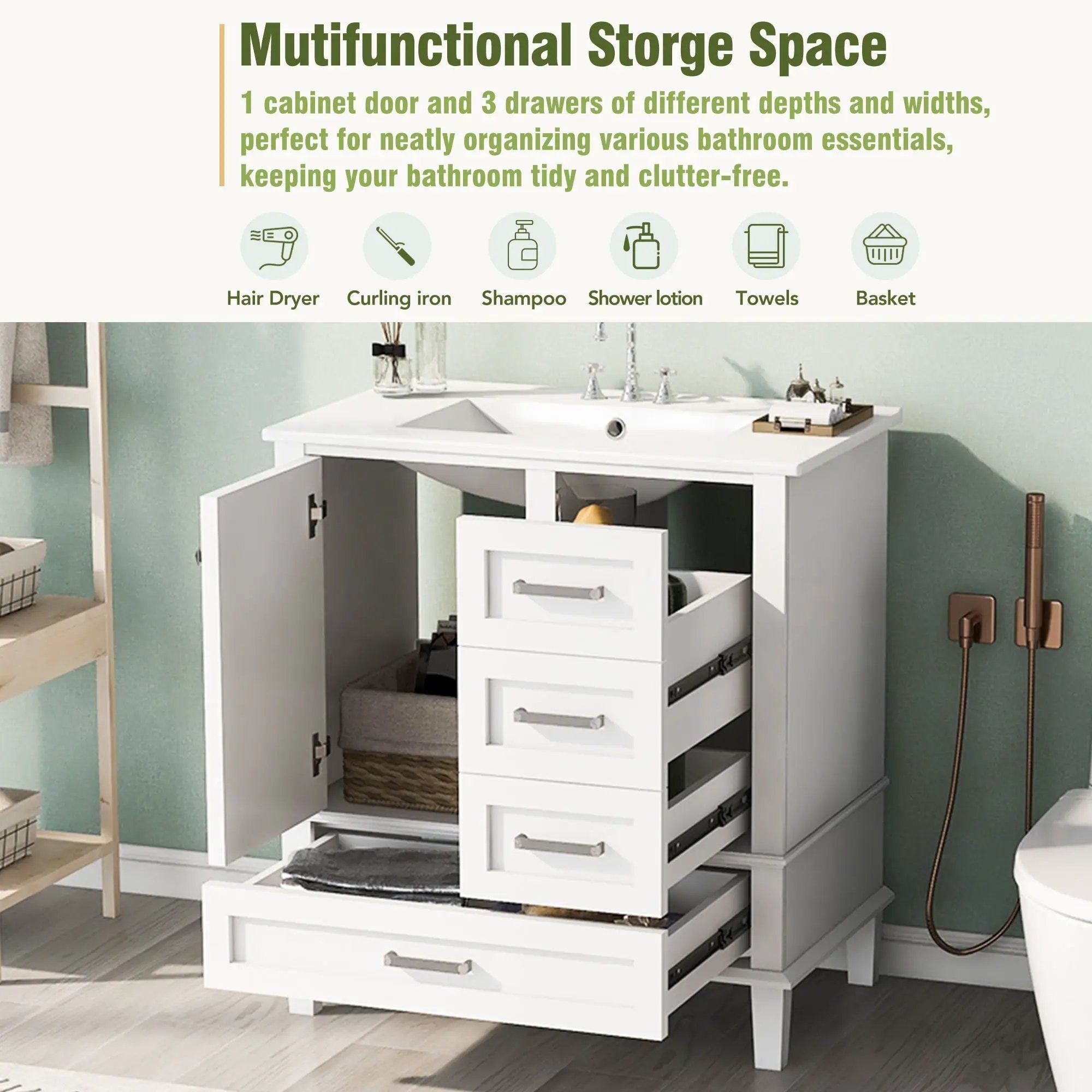 Bathroom Vanity, Modern Bathroom Cabinet With Sink Combo Set, Bathroom Storage Cabinet With A Soft Closing Door And 3 Drawers, Solid Wood Frame by HouseOfZazla