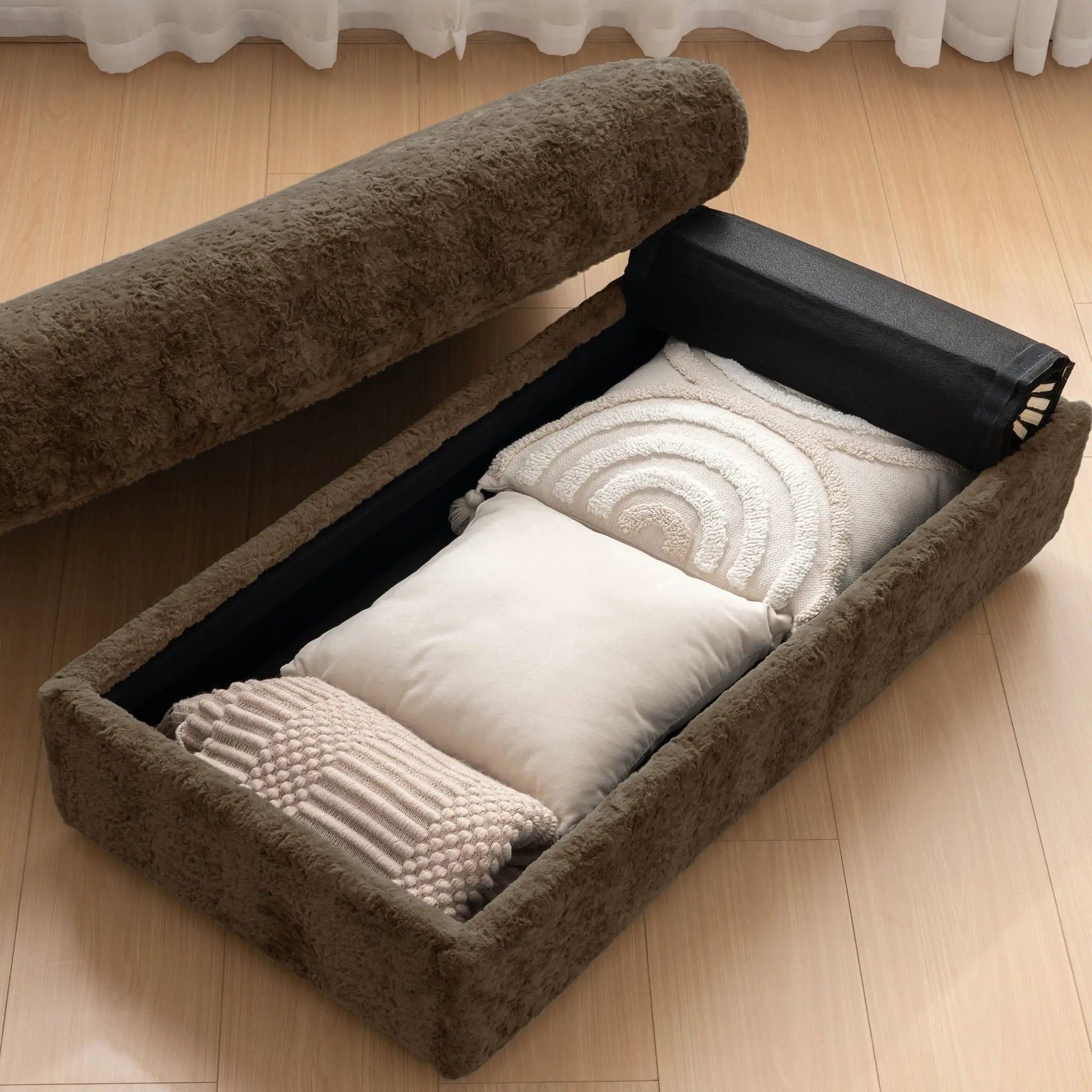 Oversized Chaise Lounge Indoor Rabbit Fur Sofa Bed With Storage Ottoman And Armrests Cup Holders With Deep Seat by HouseOfZazla