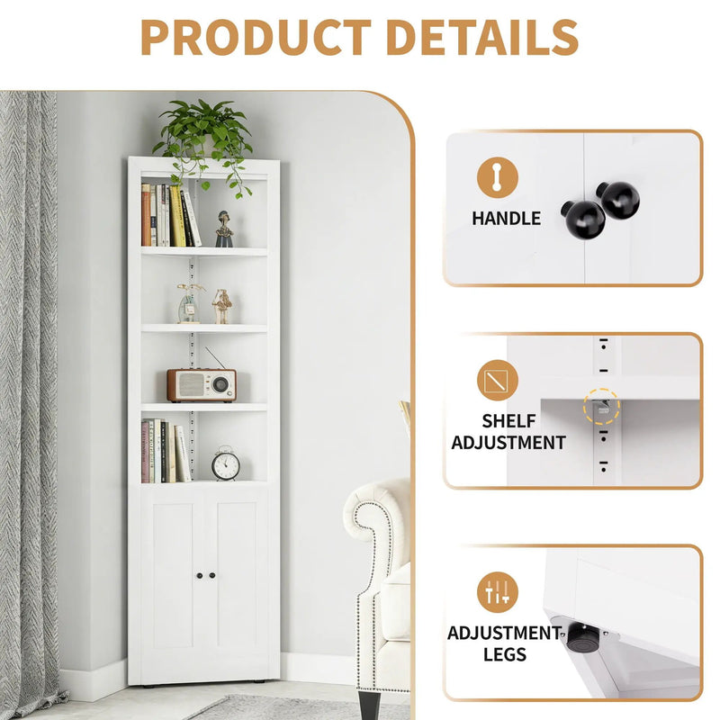 Tall Corner Storage Cabinet With 2 Doors, 5-Tier With Adjustable Shelves, Freestanding - White by HouseOfZazla