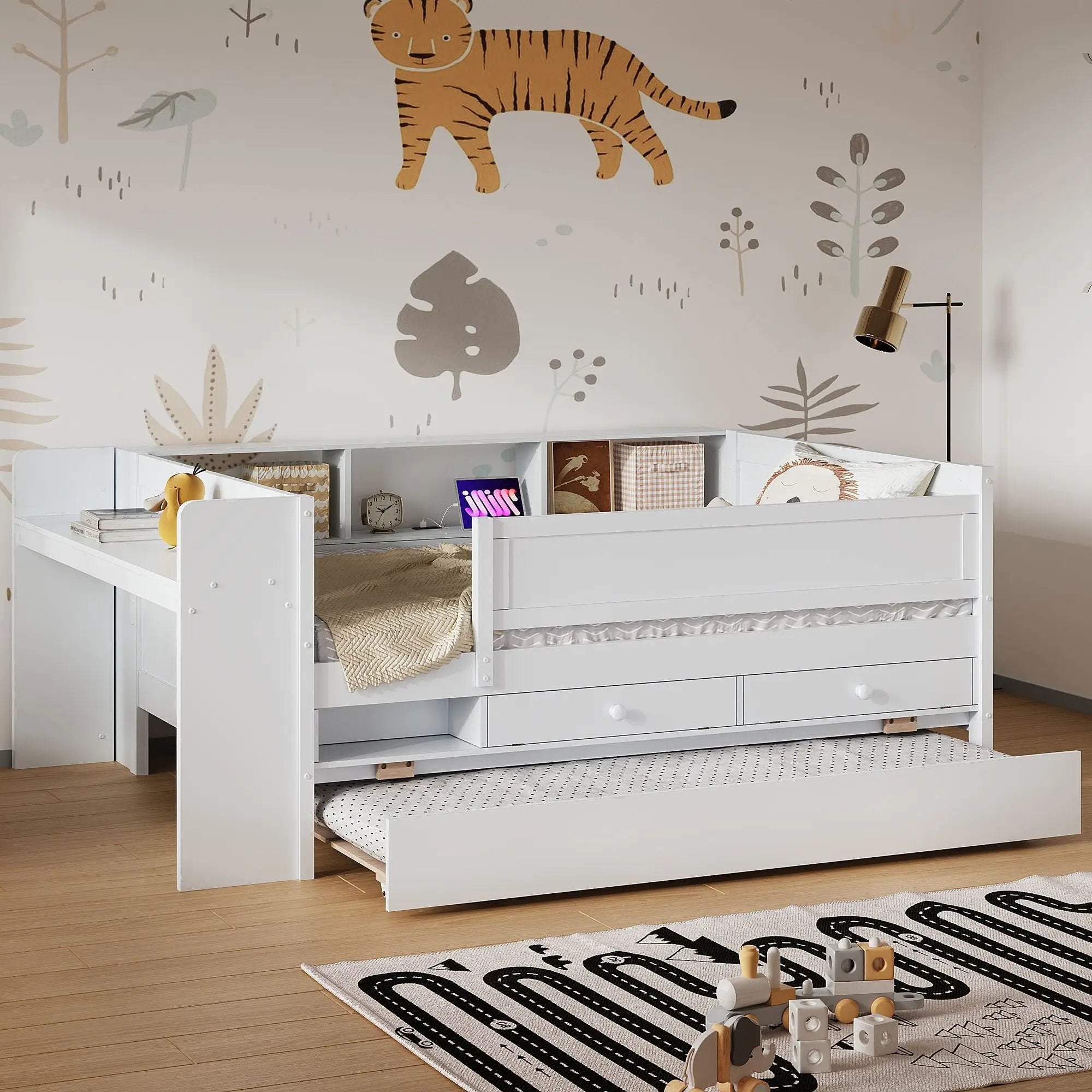Twin Daybed With Drawers, Trundle, Headboard Storage, Study Desk, And USB Charging Station - White by HouseOfZazla