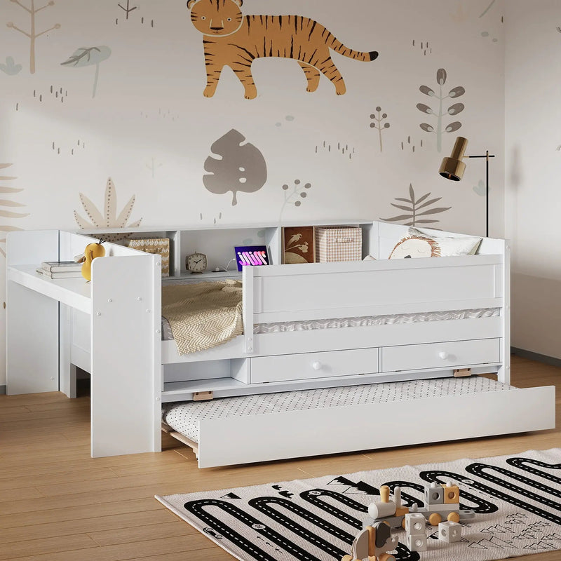 Twin Daybed With Drawers, Trundle, Headboard Storage, Study Desk, And USB Charging Station - White by HouseOfZazla