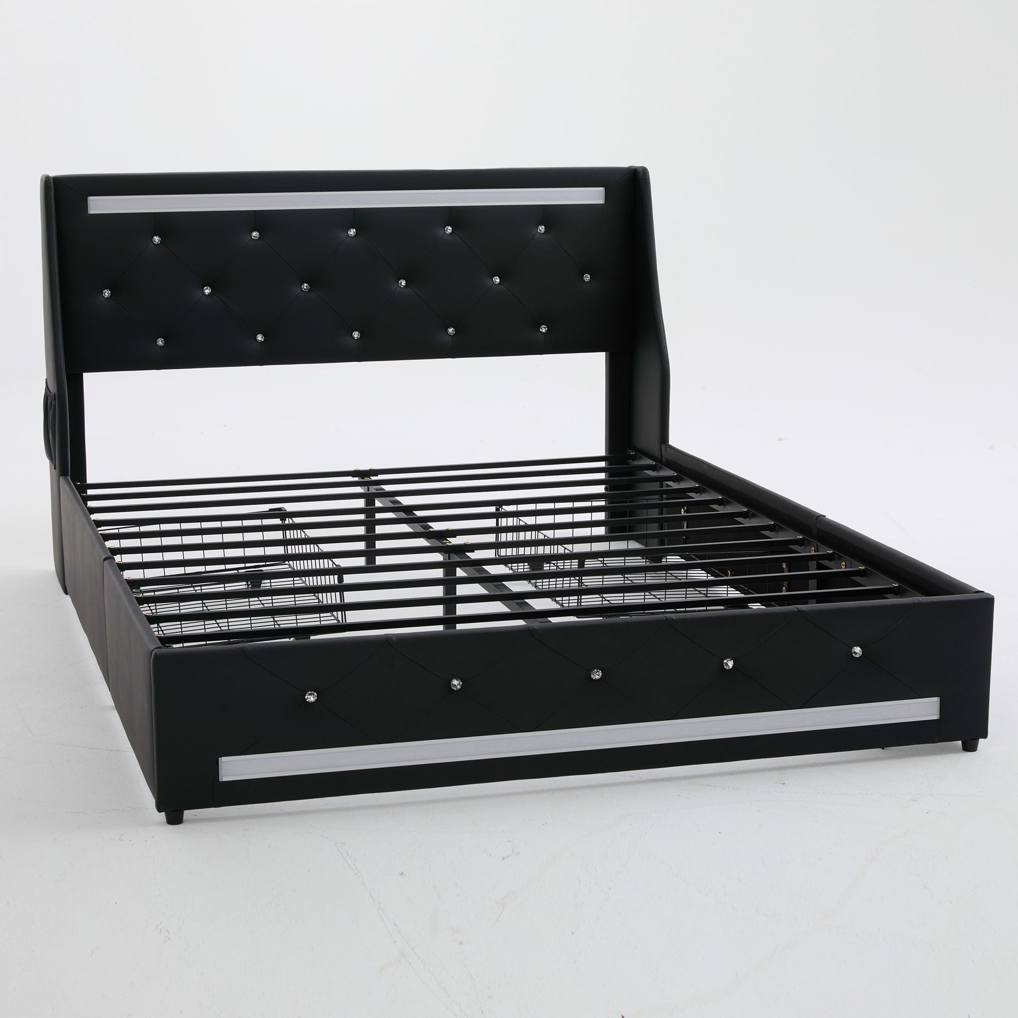 Wingback Upholstered Bed Frame With LED Lights, Charging Station by HouseOfZazla