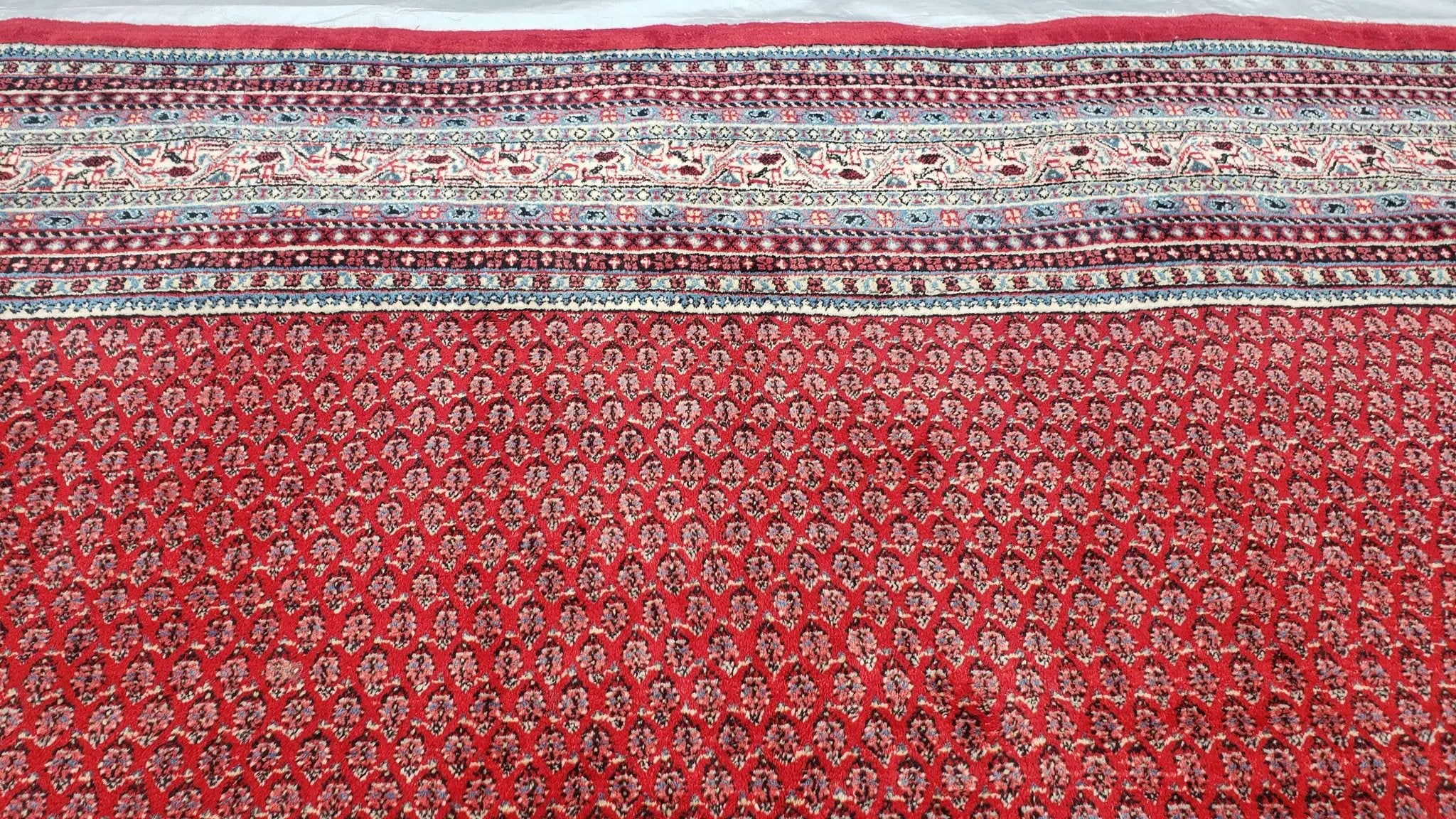 Persian Sarouk Mir Pattern, Red and Beige, Hand-Knotted, Wool, Paisley Boteh Design, 9'9" x 13', Semi Antique by Jewel Rugs
