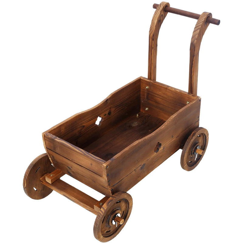 Wooden Wagon Planter Box Mobile Garden Planter With Wheels Handle Drain Hole Wood - Brown by Unique Piece Furniture