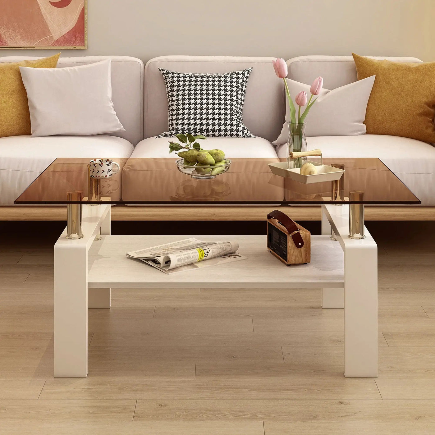 Modern Rectangular Coffee Table With Tempered Transparent Glass Top And Storage Shelf by HouseOfZazla