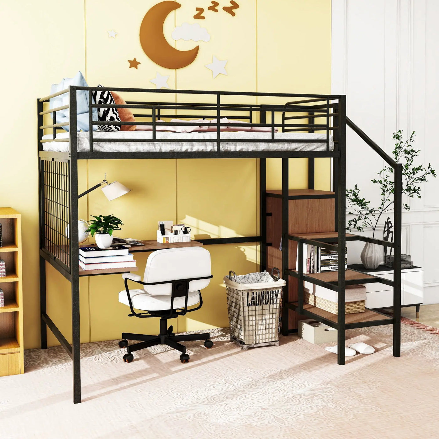 Loft Bed With Desk And Grid, Stylish Frame With Lateral Storage Ladder And Wardrobe by HouseOfZazla