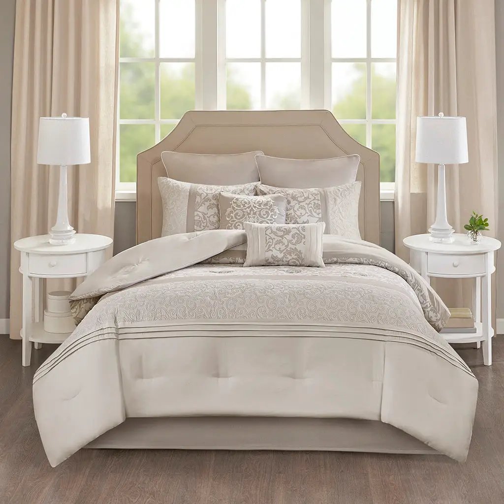 Embroidered 8 Piece Comforter Set Neutral King by HouseOfZazla