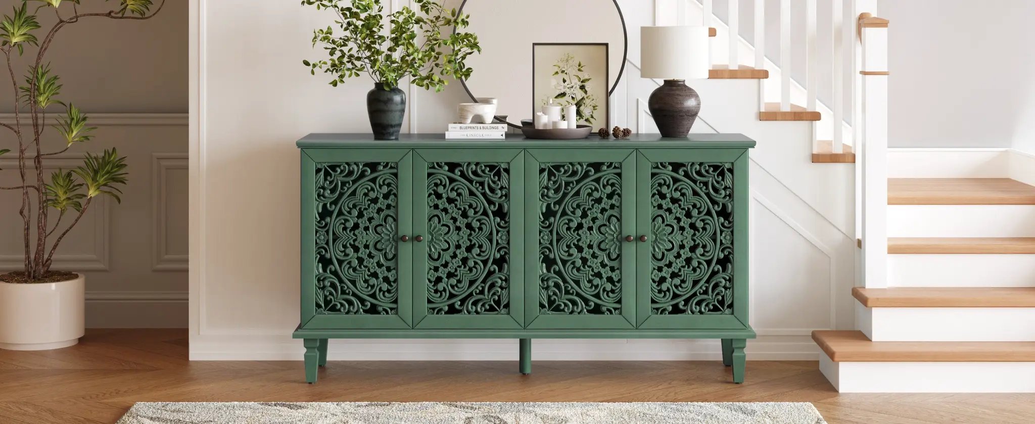 60' Antique Buffet Cabinet with Floral Carvings by HouseOfZazla