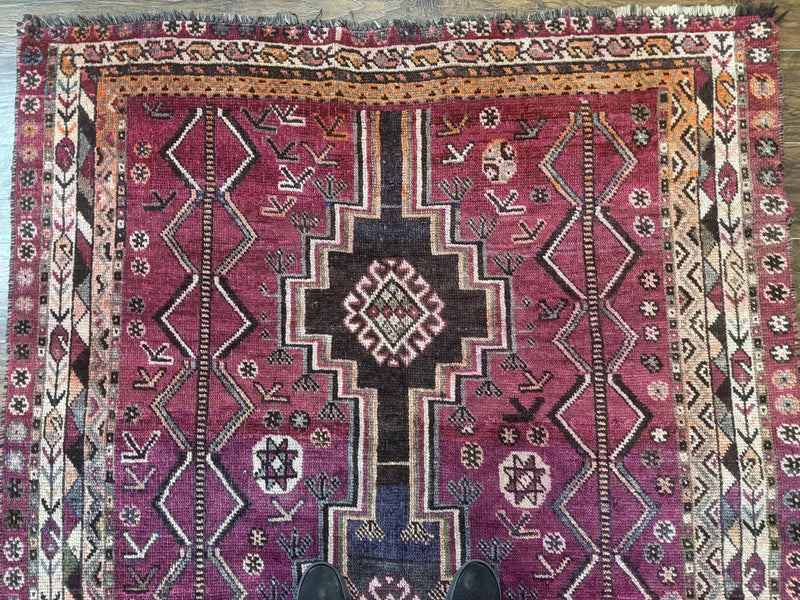 Persian Tribal Shiraz Rug 5x8, Geometric, Raspberry Red and Charcoal, Antique Persian Carpet by Jewel Rugs