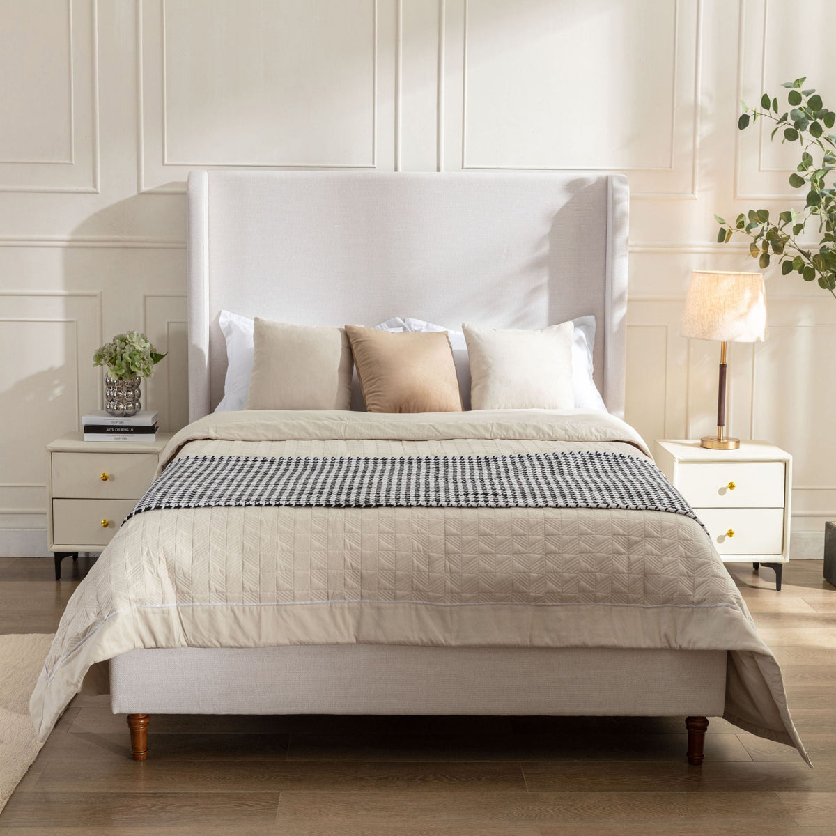 Tall Headboard Upholstered Bed with No Box Spring Needed - Cream, photo 14 of 40