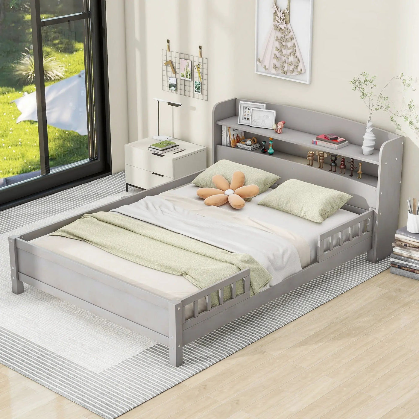 Wood Platform Bed With Built In LED Light, Storage Headboard And Guardrail by HouseOfZazla