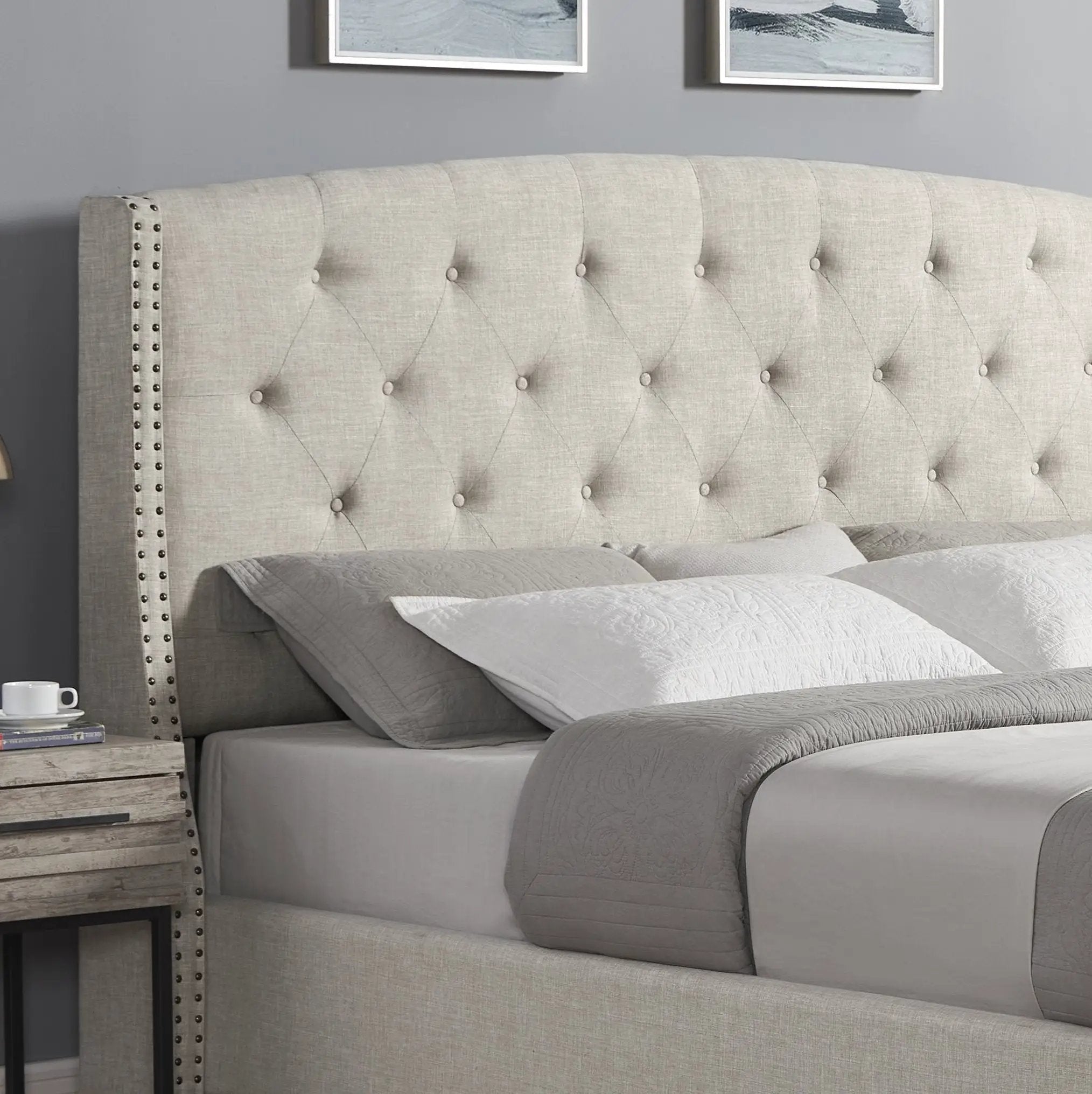 Astral 3-Piece Upholstered Bedroom Set, Tufted Wingback Bed with Two White Nightstands by HouseOfZazla