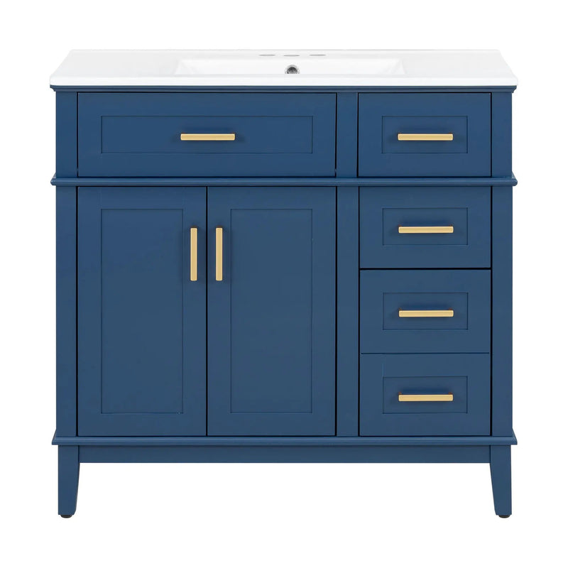 Bathroom Vanity With Ceramic Sink, Soft-Close Doors, 4 Storage Drawers - Blue by HouseOfZazla
