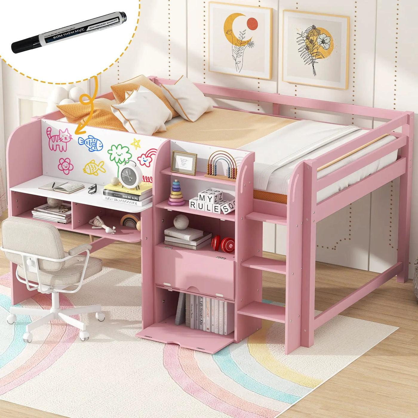 Low Loft Bed With Built In Desk, Storage Cabinets, Open Bookcase And Doodle board by HouseOfZazla