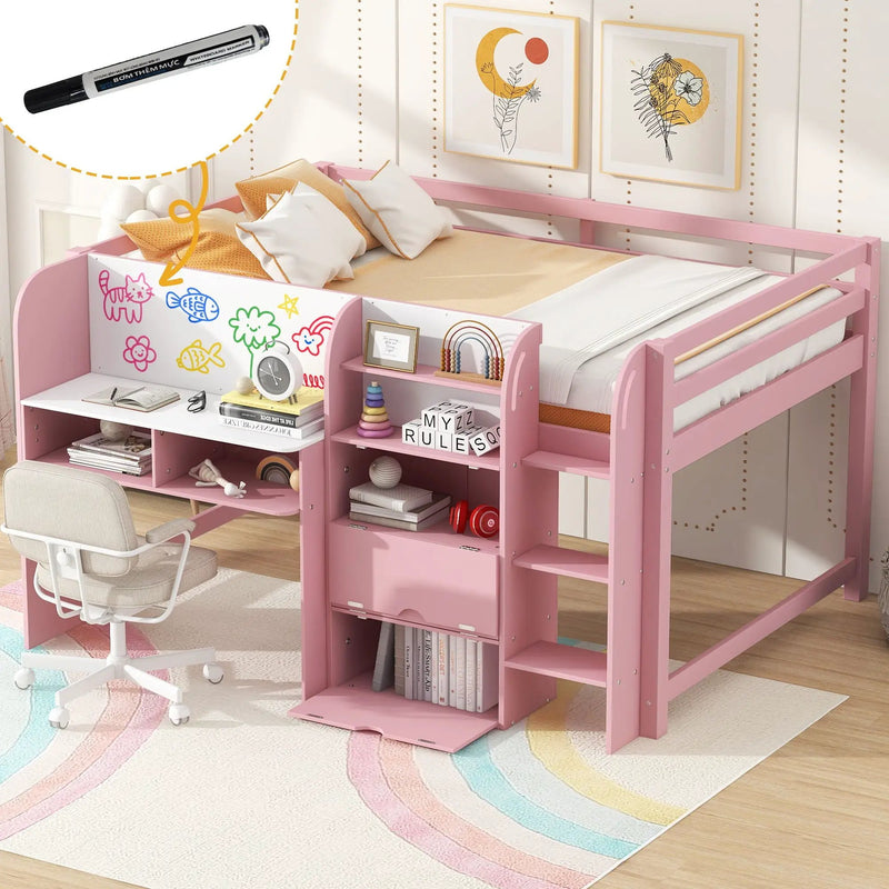 Low Loft Bed With Built In Desk, Storage Cabinets, Open Bookcase And Doodle board by Unique Piece Furniture