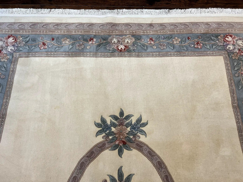 Chinese Carving Rug 8x10, Chinese Wool Carpet 8 x 10, Cream, 120 Line Rug, Vintage Handmade Art Deco Asian Oriental Rug, Aubusson Rug by Jewel Rugs