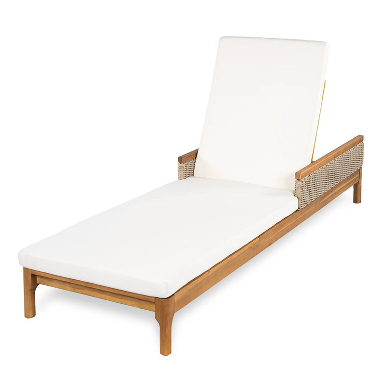 Solid Acacia Wood Sun Lounger with Beige Cushions and Light Grey Wicker by HouseOfZazla