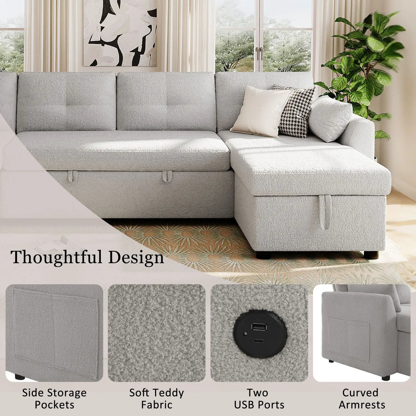 U-Shaped Sectional Sofa Bed With Storage And USB Ports by Unique Piece Furniture