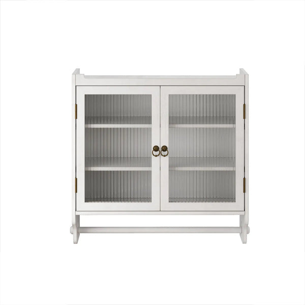 Vintage Double Door Wall Cabinet With Three Tiers Storage And Towel Rack - White Washed
