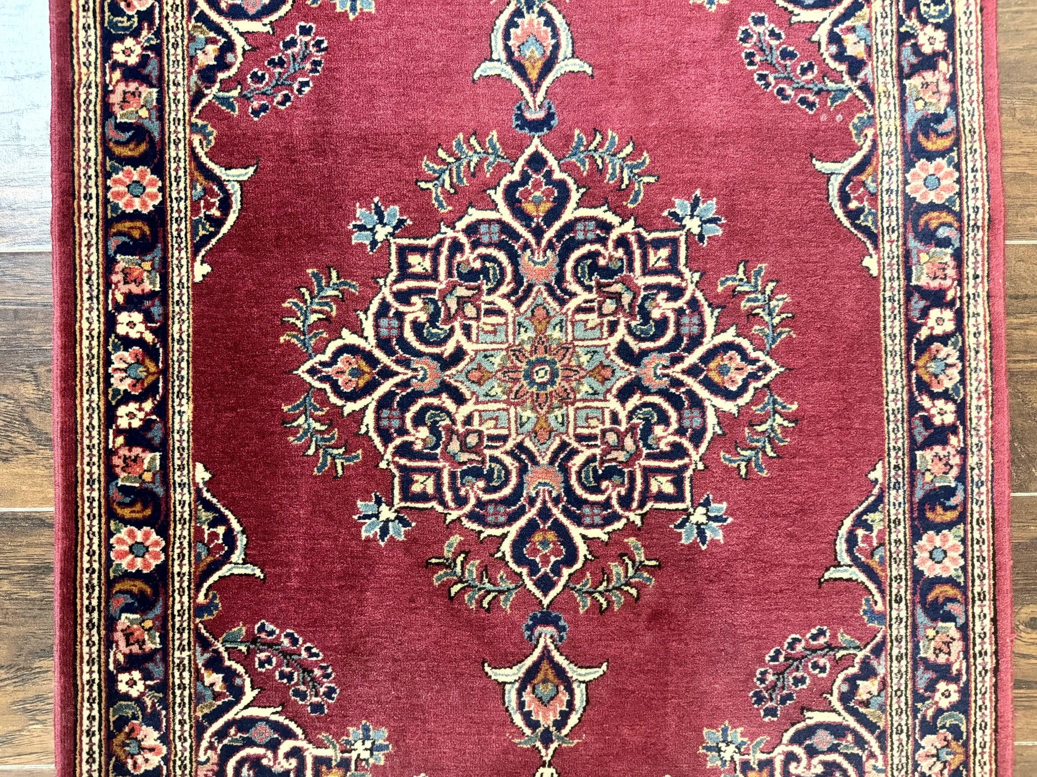 Small Persian Kashan Rug 2x3, Red and Navy Blue, Handmade Vintage Wool Semi Antique Persian Carpet, Semi Open Field, Pair B by Jewel Rugs