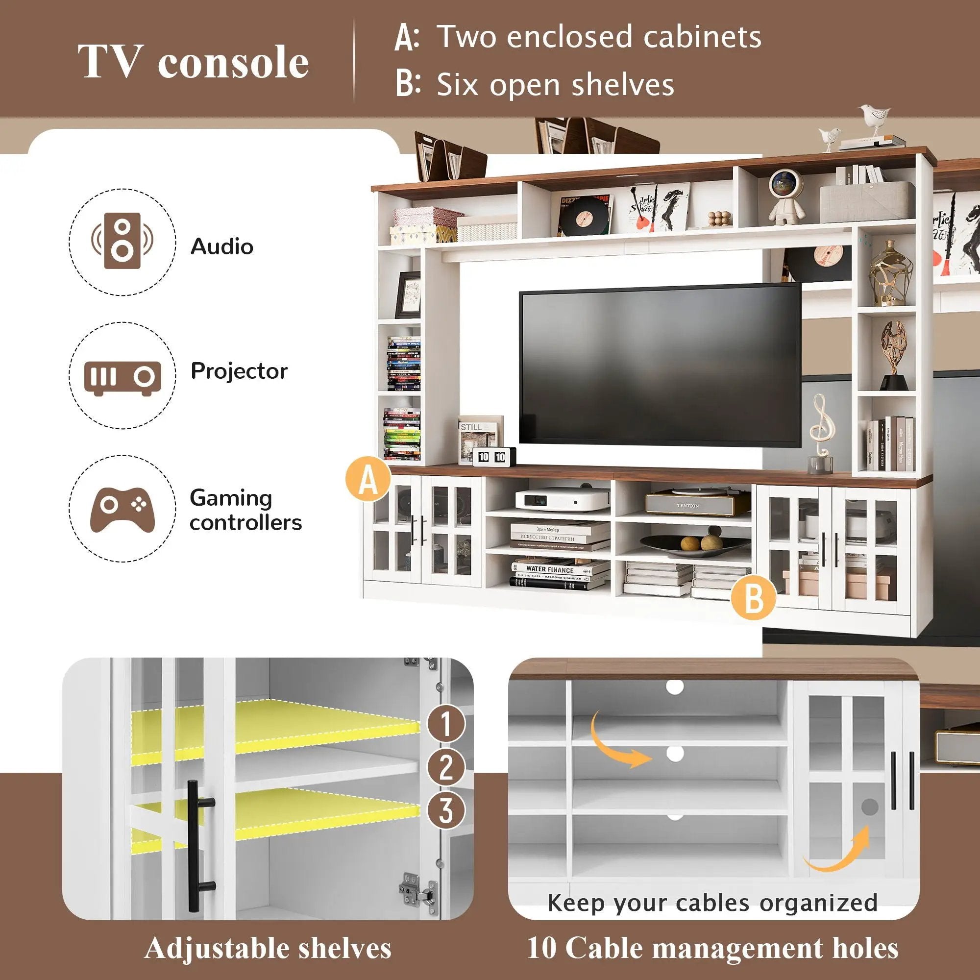 Wall Unit Entertainment Center With Bookshelves For TVs Up To 80", Tempered Glass Doors And Adjustable Shelves by HouseOfZazla