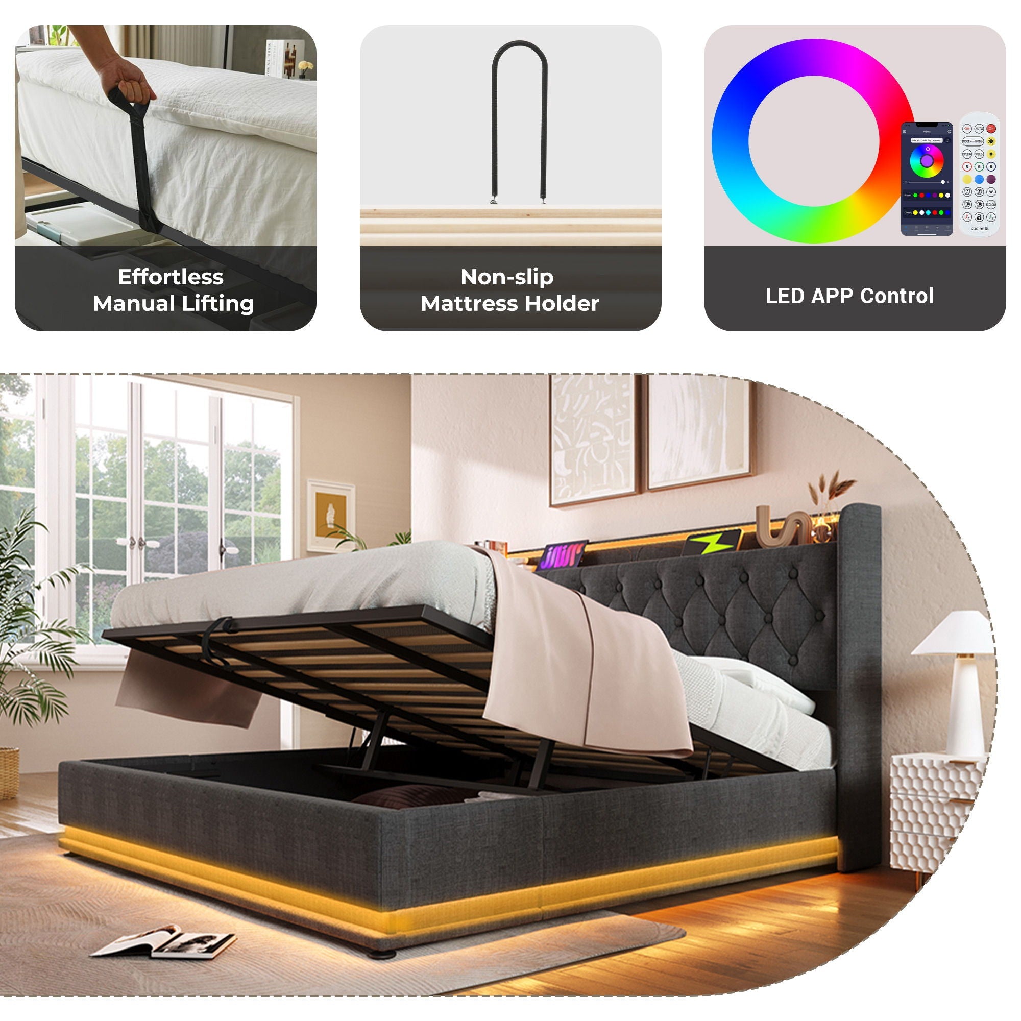 Upholstered Bed, 360 Surround LED Function, Remote Control, Hydraulic Storage Bed With USB, Type-C Charging (Without Mattress) by HouseOfZazla