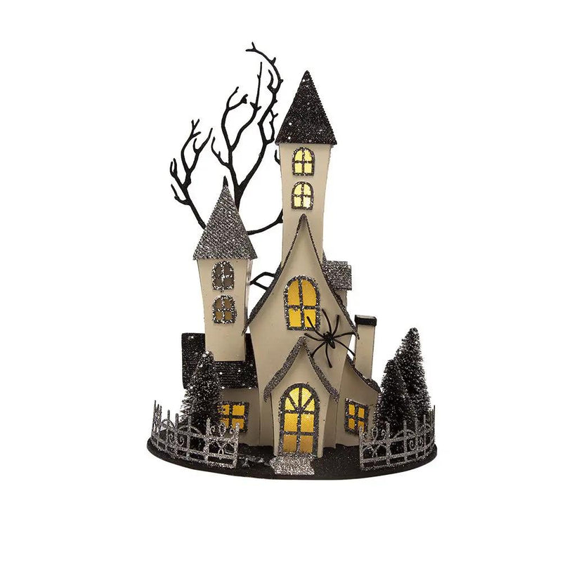 Cardboard Lighted Haunted House, Tabletop Holiday Halloween Decor, Battery Powered - Beige / Black by HouseOfZazla