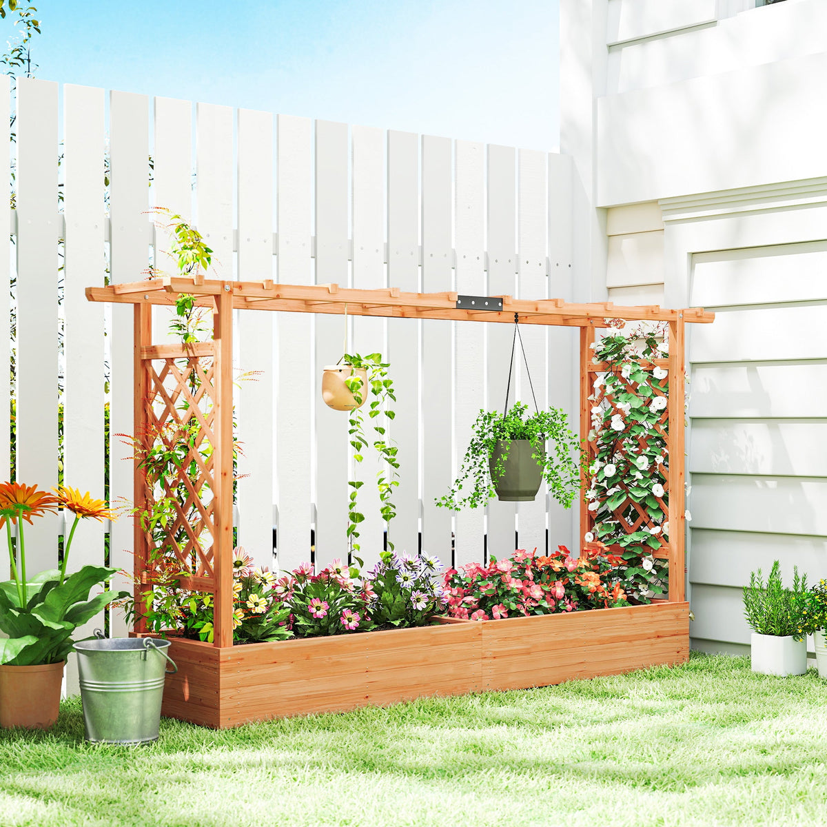 Wood Raised Garden Bed with Trellis - Large Outdoor Planter Box, photo 8 of 10