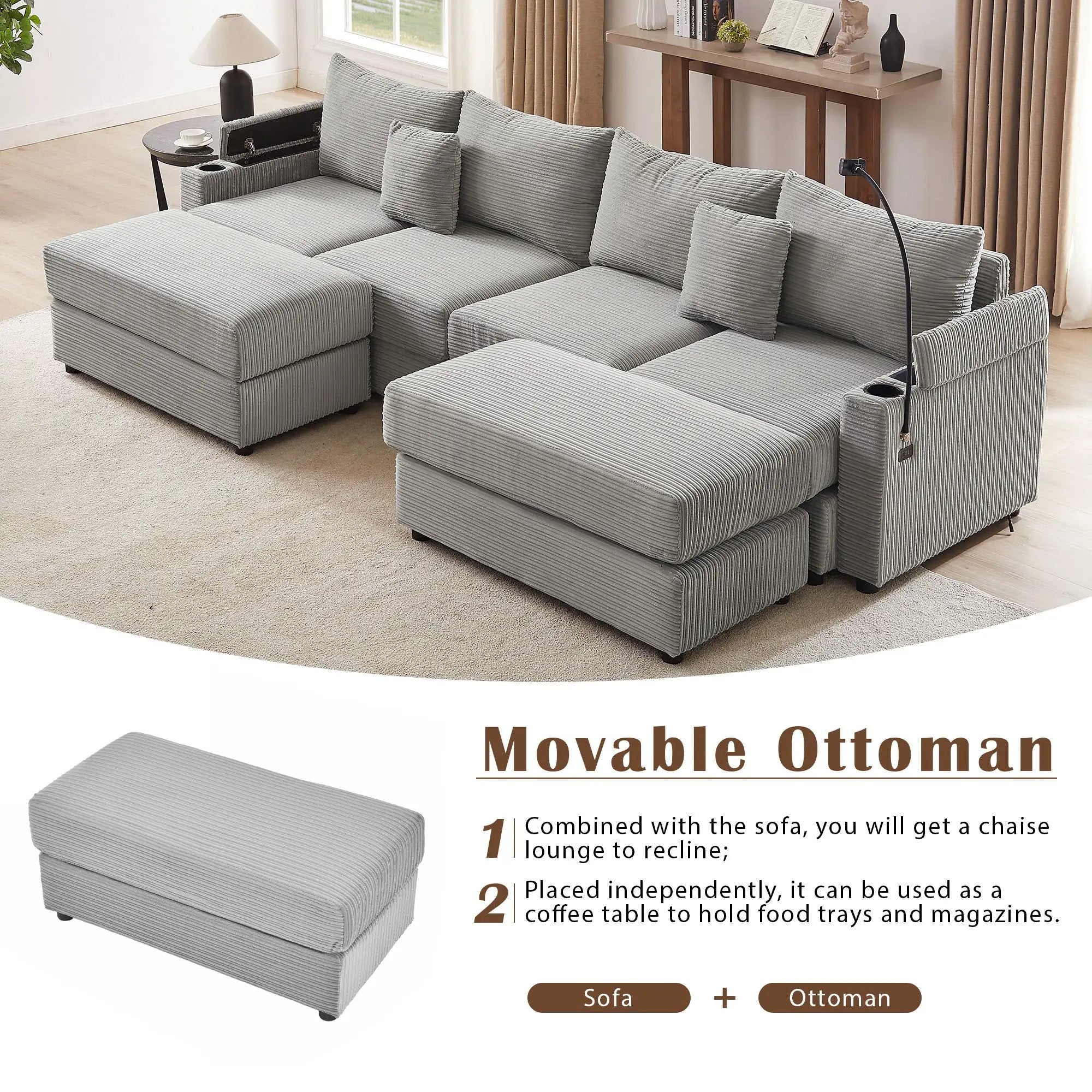 Modern Style Loveseat Sofa Sectional Sofa Couch With Storage Space, A Movable Ottoman, Two USB Ports, Two Cup Holders, A Phone Holder For Living Room by HouseOfZazla