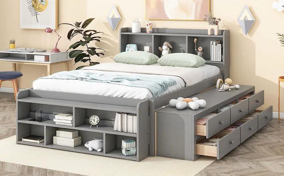 Bed With Bookcase Headboard, Under Bed Storage Drawers And Bed End Storage Case by HouseOfZazla