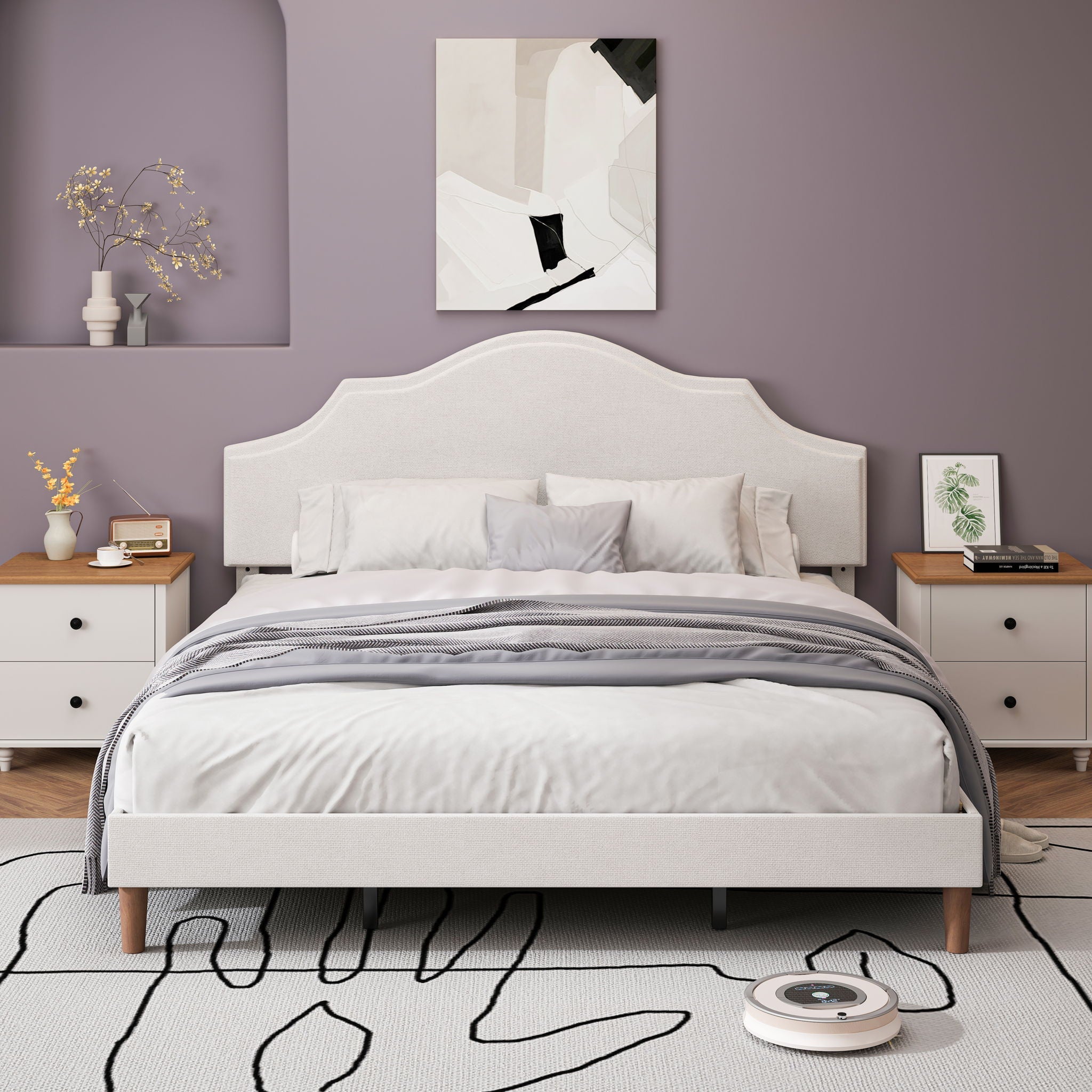 King Size, Upholstered Platform Bed Frame With Adjustable Headboard, No Box Spring Needed - White by HouseOfZazla