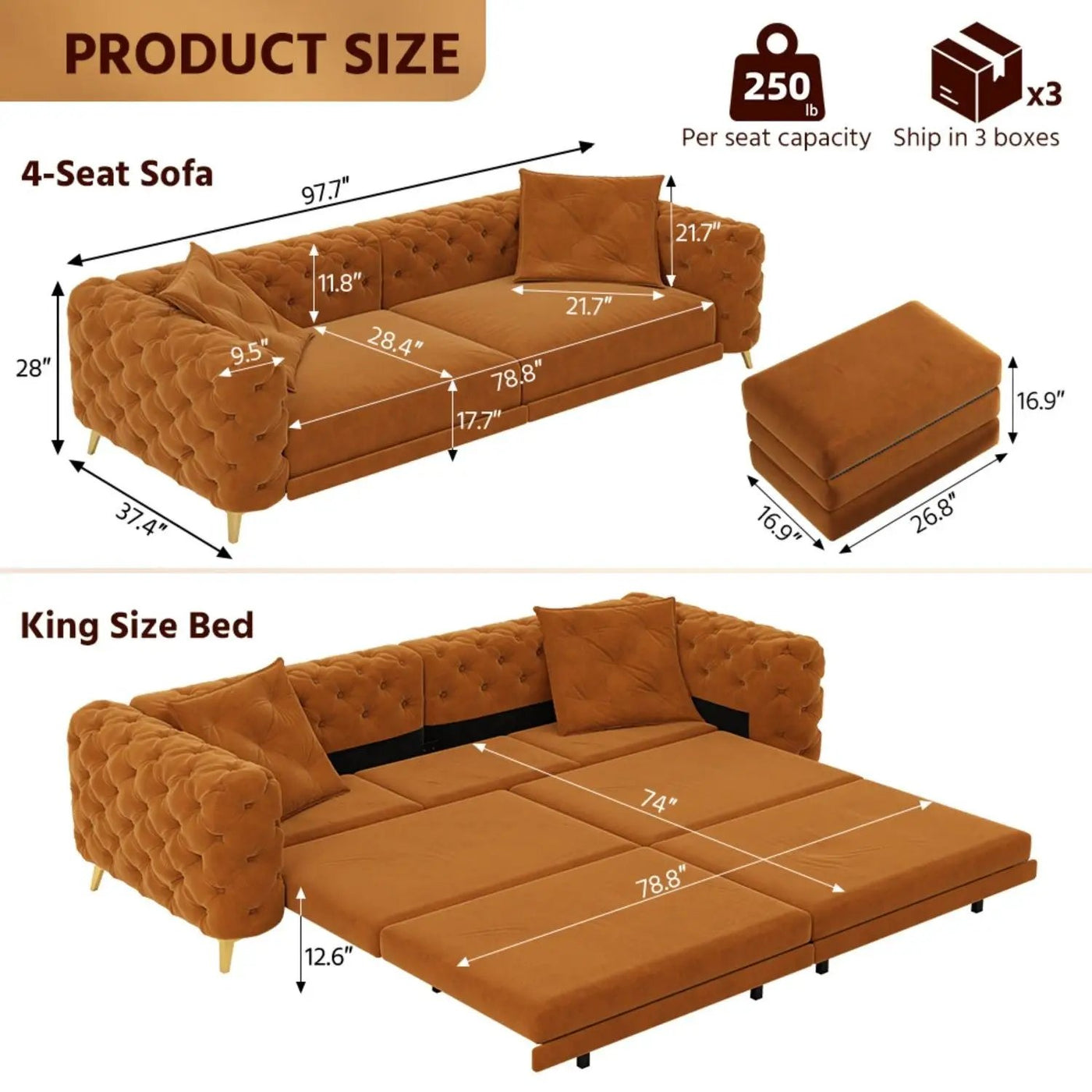3 In 1 Convertible Sleeper, Deep Seat Pull Out Sofa Bed, Button Tufted by HouseOfZazla