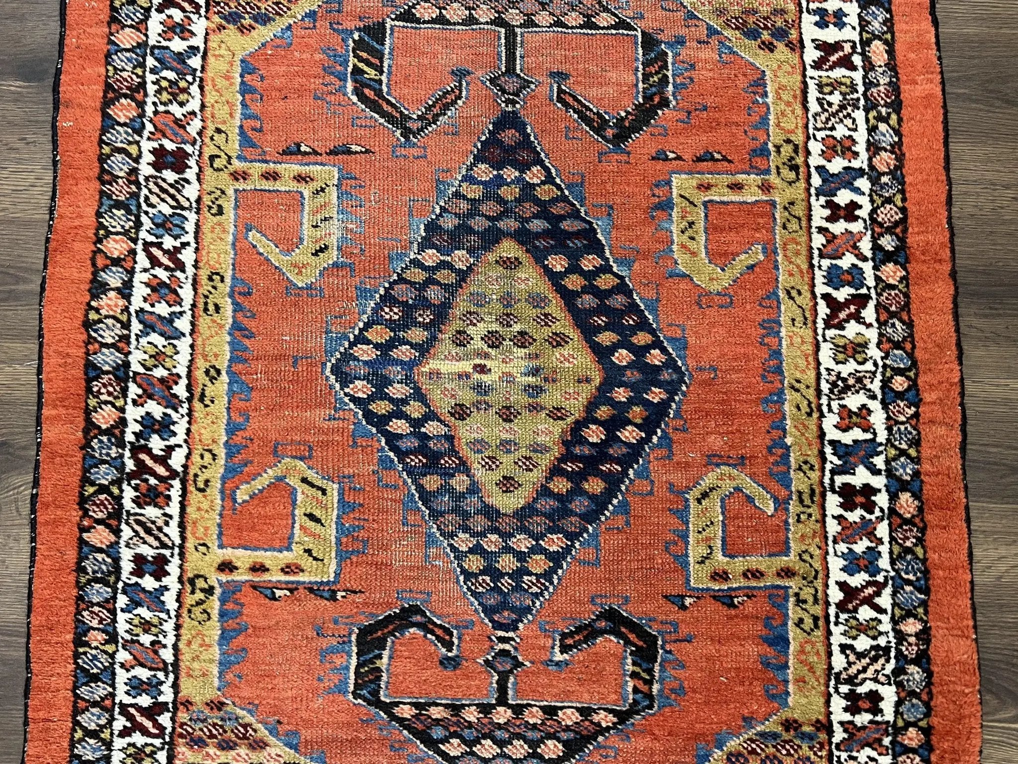 Rare Persian Tribal Runner Rug 3 x 11, Sarab Serab Persian Runner, Antique 1920s Collectible Geometric Medallions Oriental Wool Runner, Hand Knotted, Bright Orange-Red by Jewel Rugs