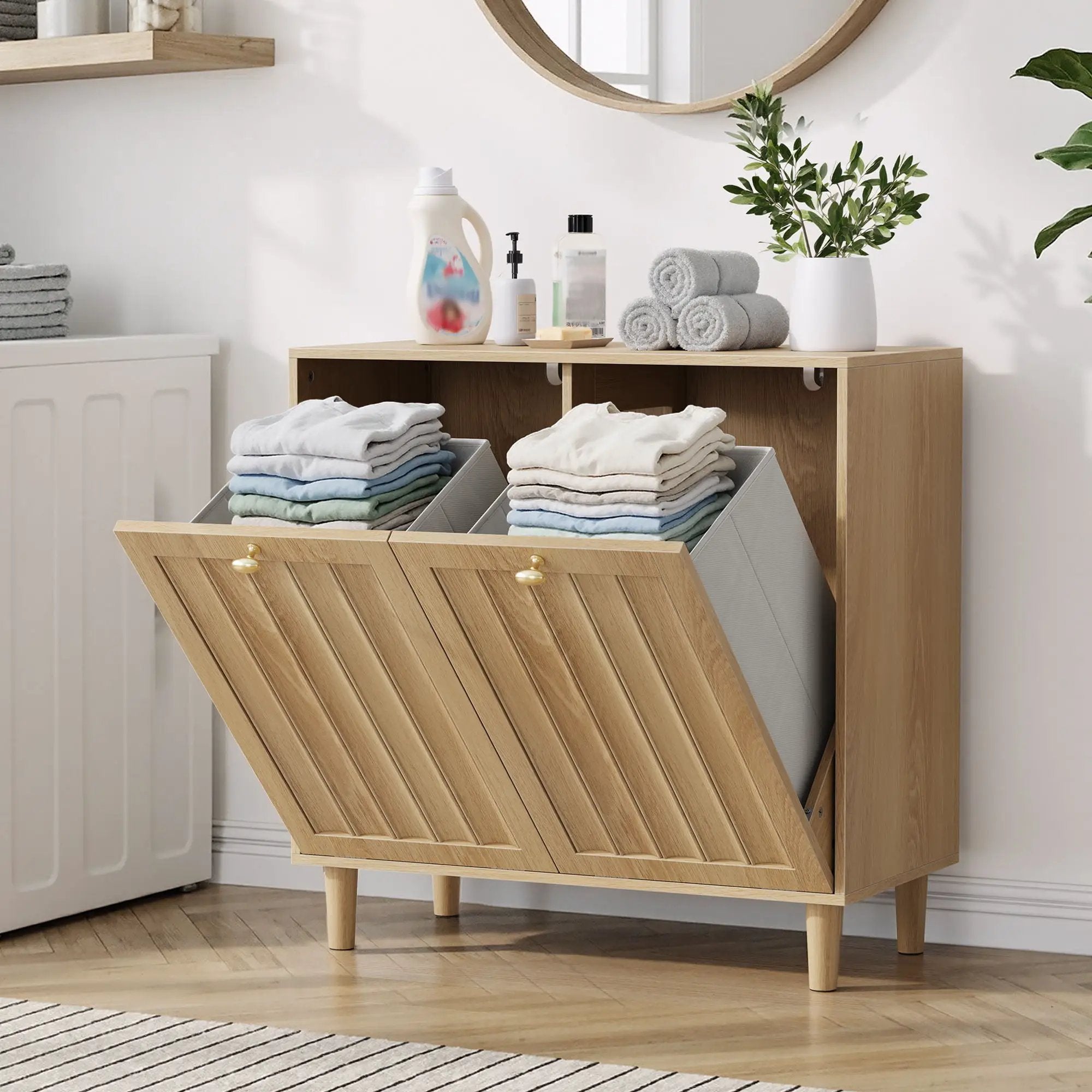 Sloping Laundry Basket With Removable Inner Bin, Concealed Storage Cabinet For Bathroom - Oak by Unique Piece Furniture