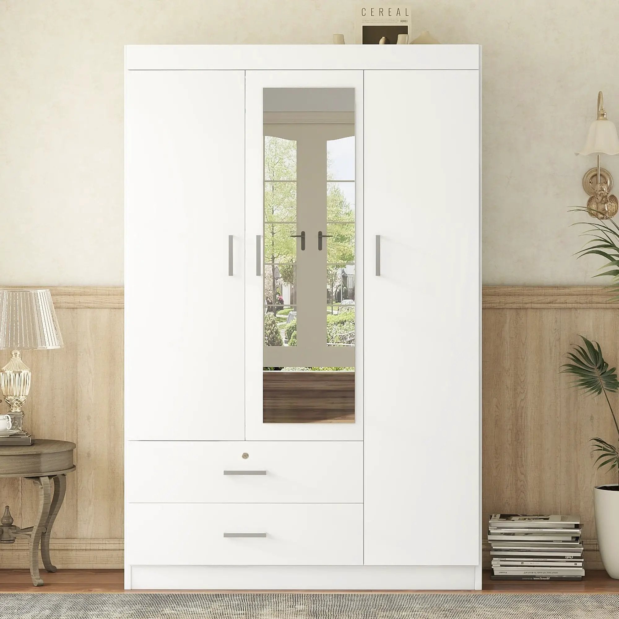 3-Door Mirror Wardrobe with Shelves, White by HouseOfZazla