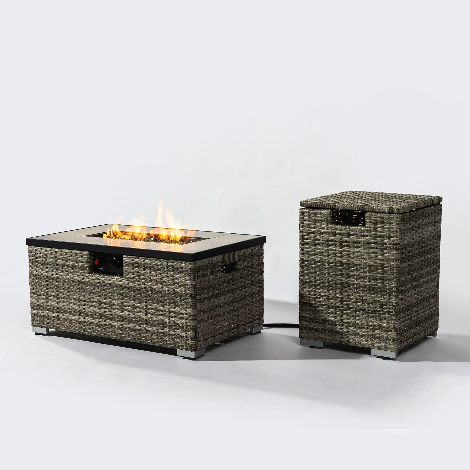 32" Propane Gas Fire Pit Table With Propane Tank Cover, 50000 Btu Rectangular Steel Fire Pit With Beautiful Wicker Base by HouseOfZazla