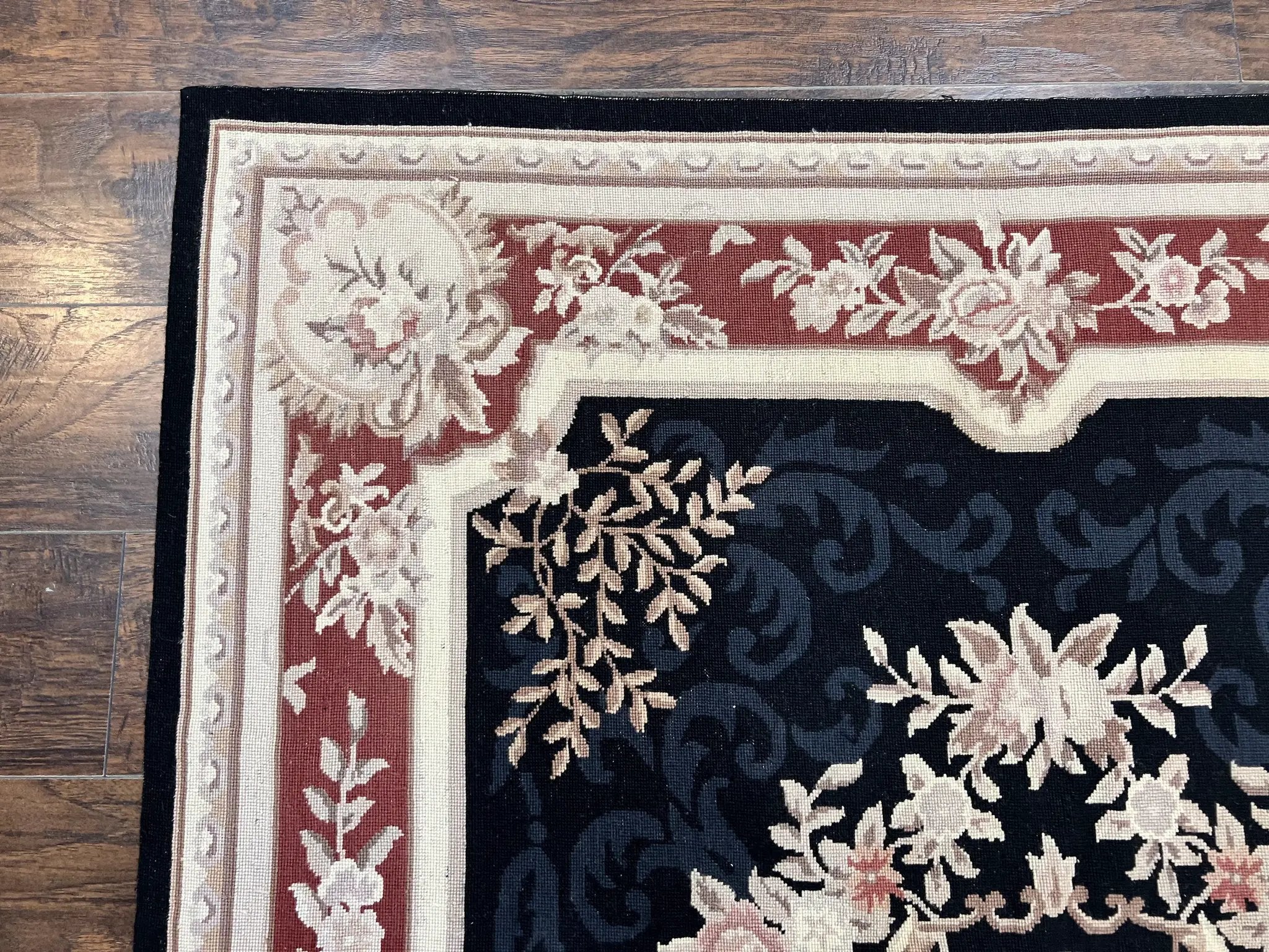 Needlepoint Rug 5x8, Wool Handmade Vintage European Design Carpet, Black & Maroon, French Aubusson Pattern Flatweave Rug by Jewel Rugs