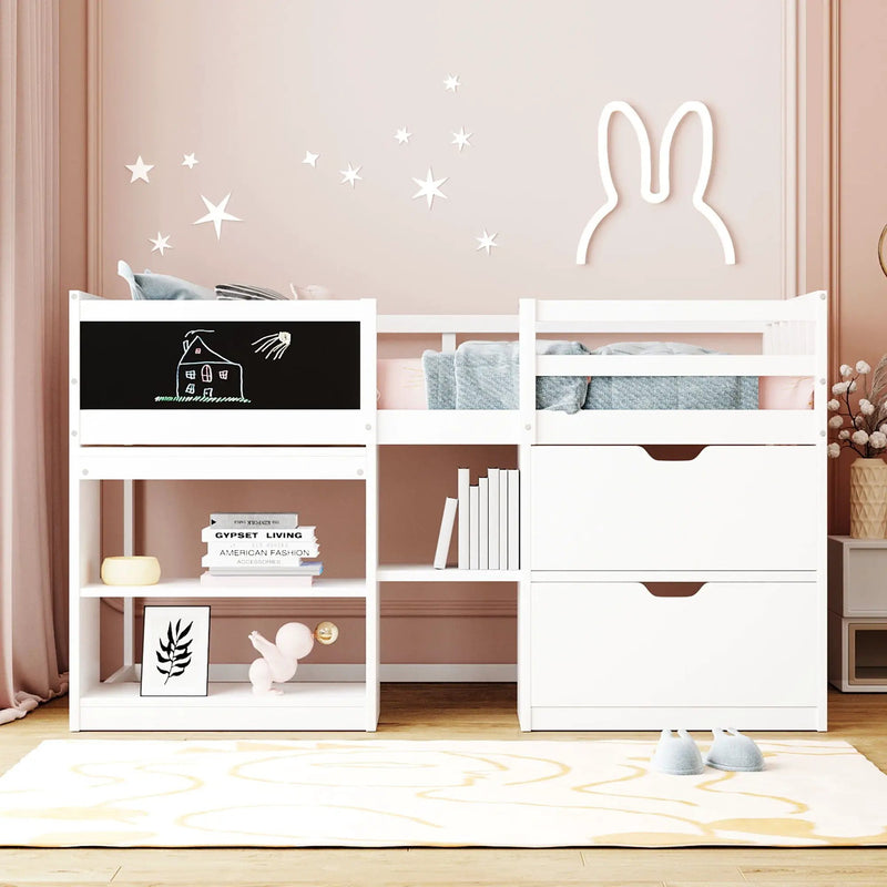 Low Loft Bed With Rolling Desk, Shelf And Drawers by HouseOfZazla