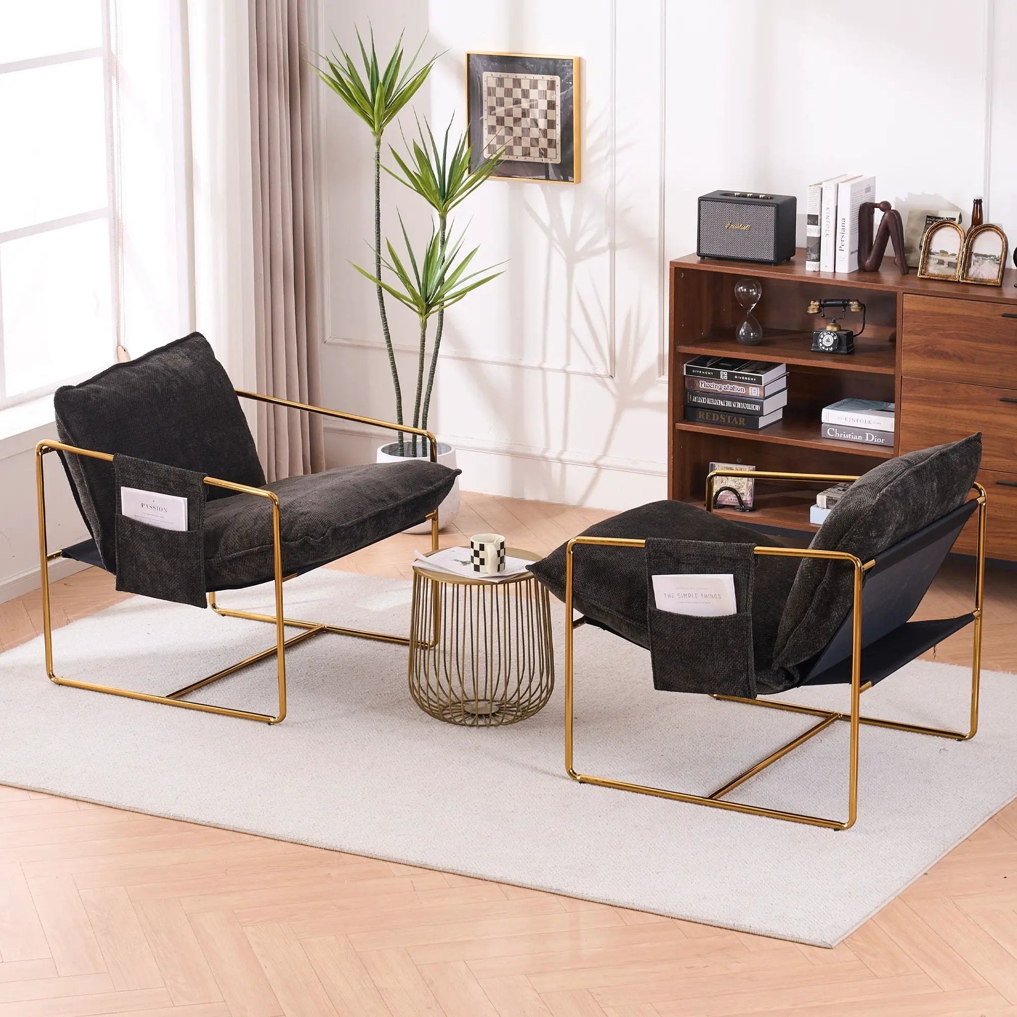Upholstered Hanging Armchair With Arm Pocketsmetal Frame (Set of 2), Plated Craftsmanship, Crushed Foam Cushions And Skin-Friendly Woven Fabric For Living Room And Bedroom by HouseOfZazla