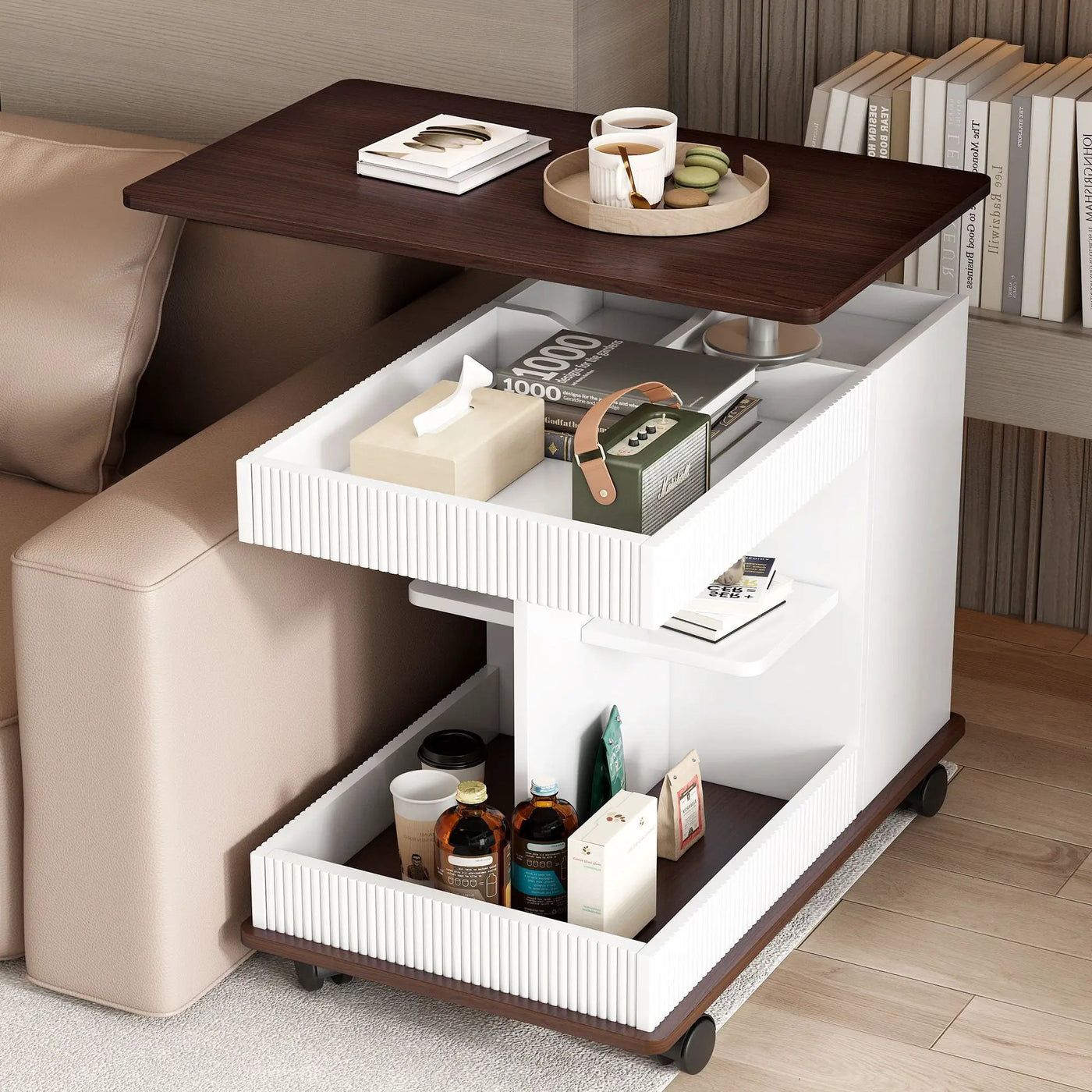 Adjustable End Table With Wheels, 360°Rotating Top And Storage Space by Unique Piece Furniture