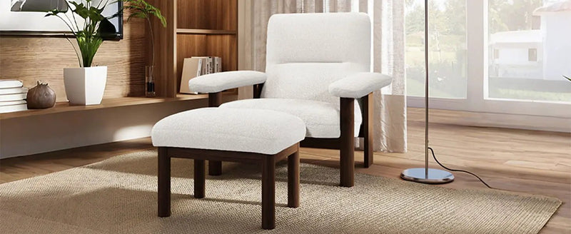 Modern Accent Chair With Ottoman, Mid Century Lounge Chair With Footrest, Comfy Fabric Armchair Upholstered Set With Solid Wood Frame For Living Room - White by HouseOfZazla
