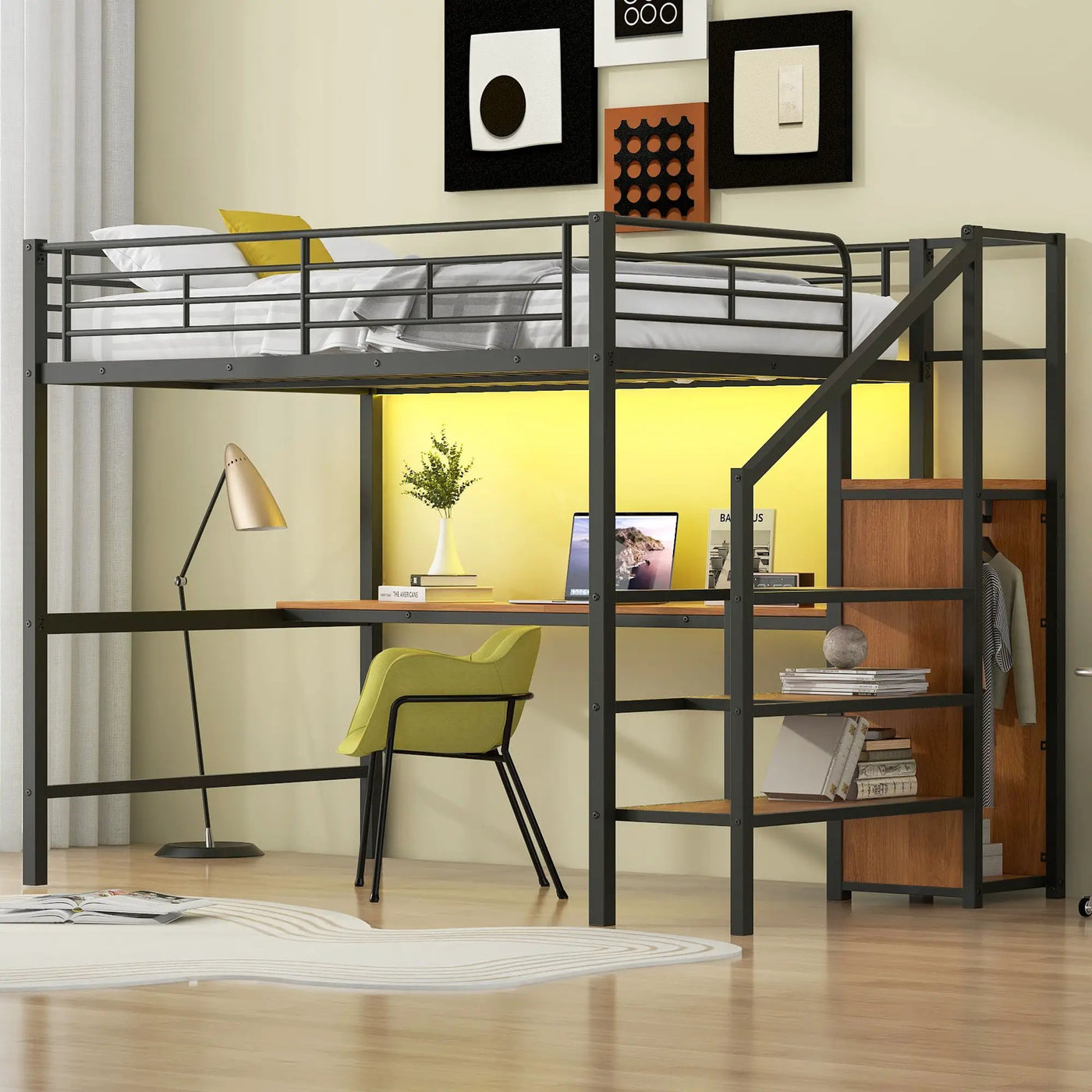 Loft Bed With Desk, Storage Staircase, Small Wardrobe And LED Light by HouseOfZazla